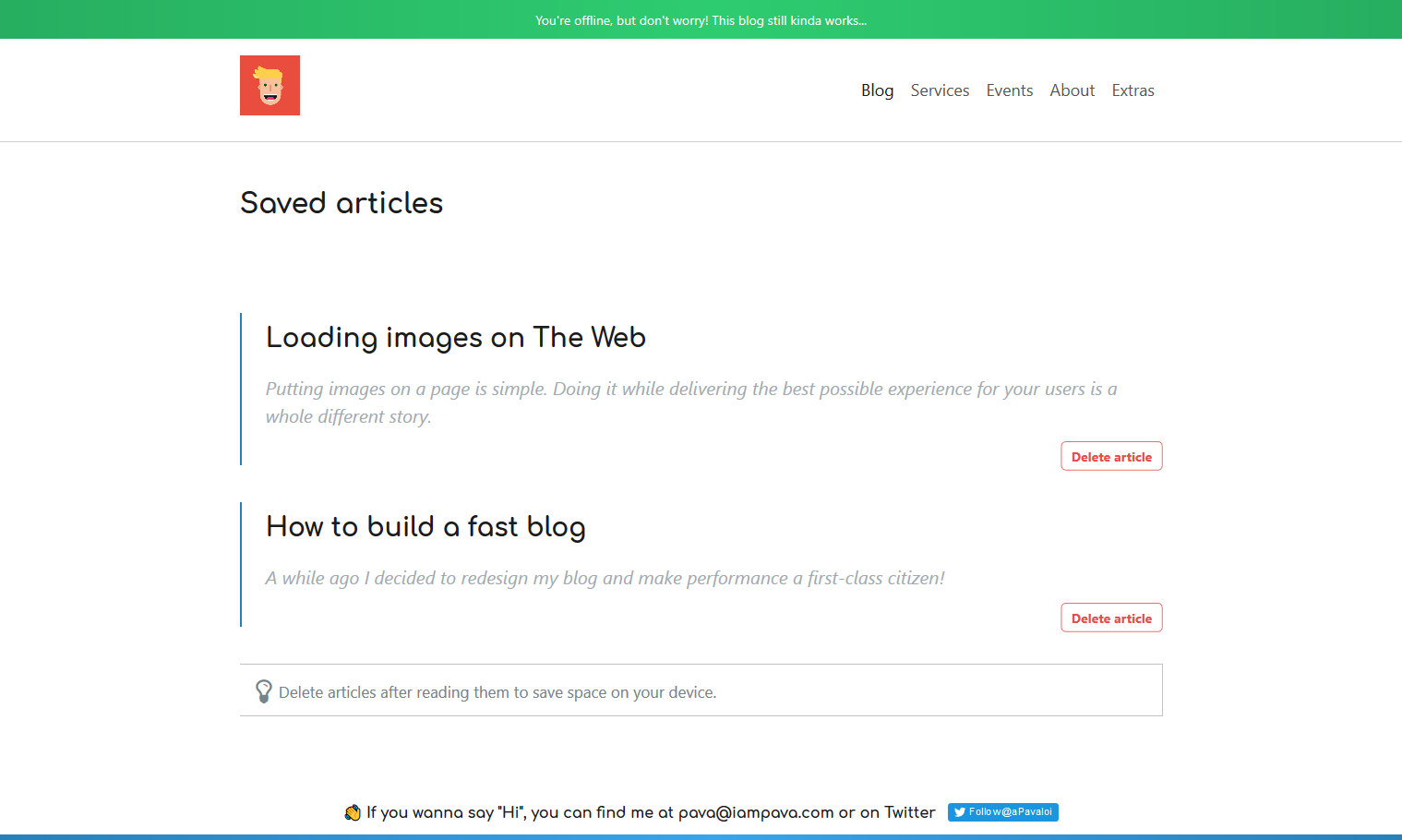 Screenshot of the saved-articles page