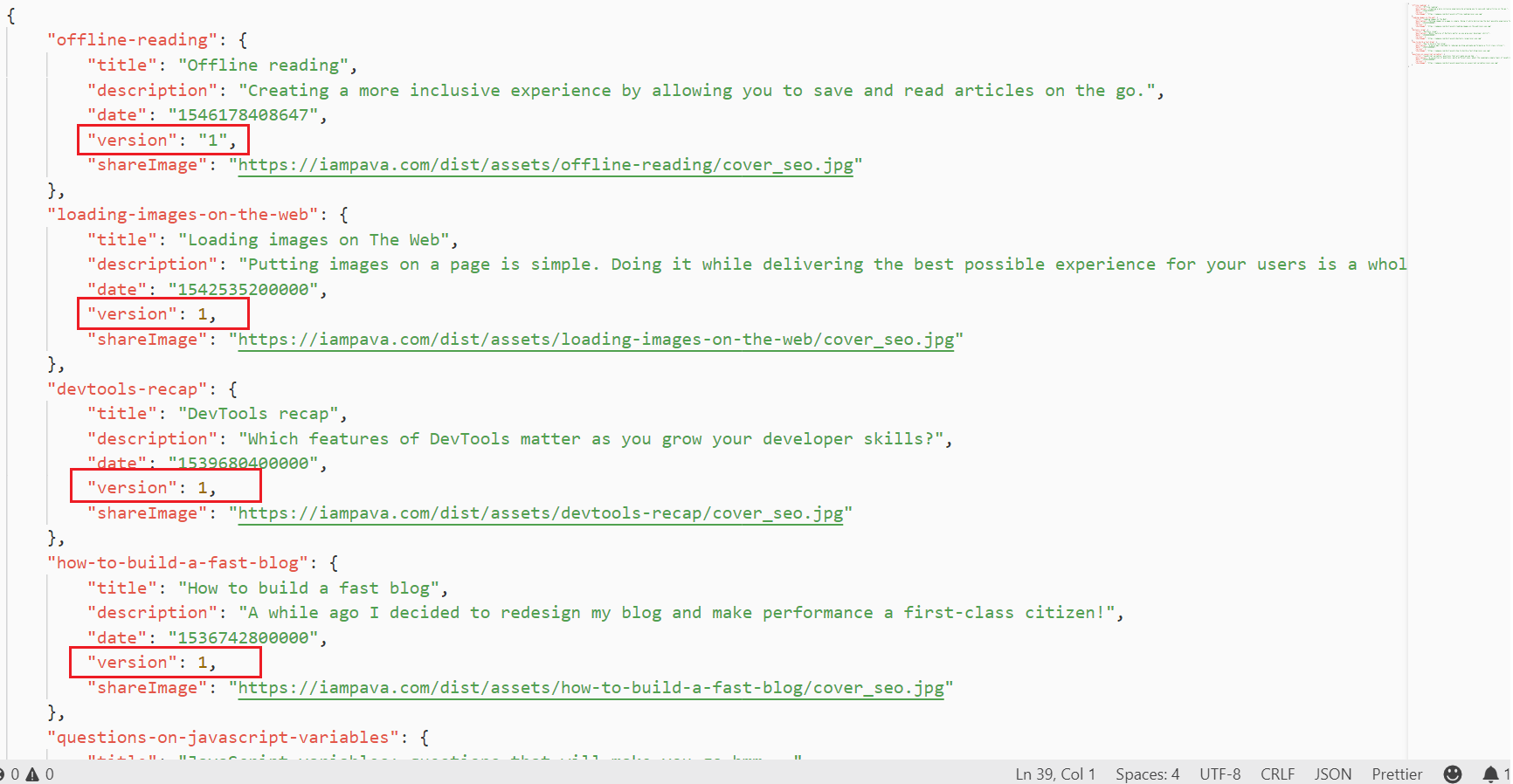 VSCode screenshot of articles.json