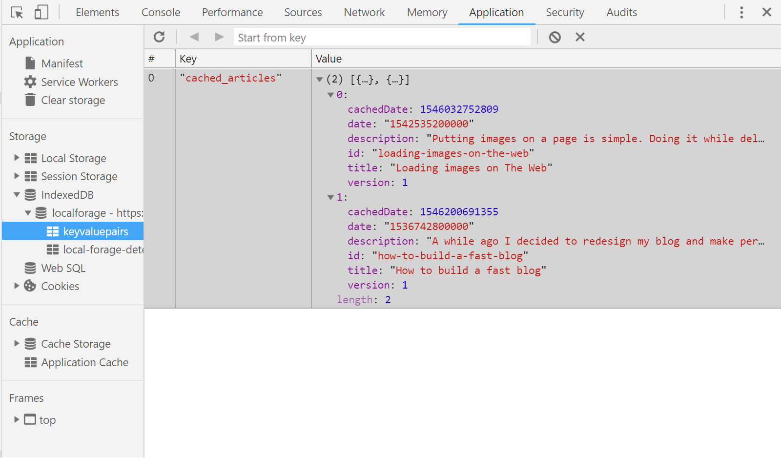 Chrome screenshot of the IndexedDB